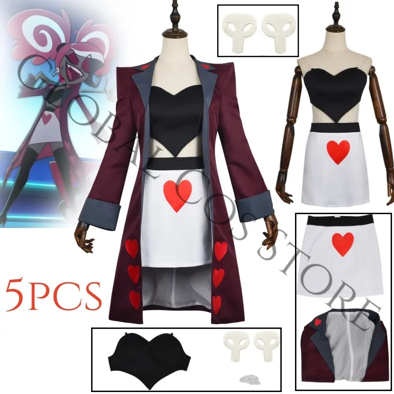 

Anime Velvette Cosplay Costume Heart Print Cos Set with Maroon Tailcoat White Skirt Halloween Carnival Dress Up Roleplay