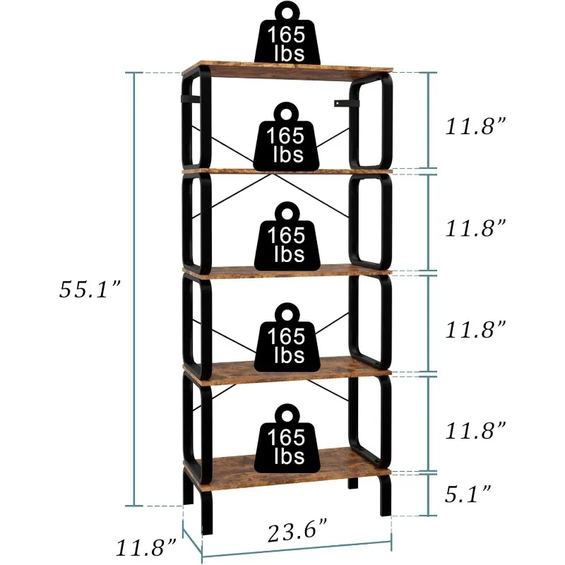 5 Tier Bookshelf, Skinny Book Shelf, Display Open Metal and Wood Bookcase, Tall Free Standing Book Shelf for Office