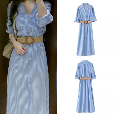 Women's Summer Chic Belted Linen Shirt Dress Retro V Neck Single Breasted Women's Three Quarter Sleeve Casual Dress