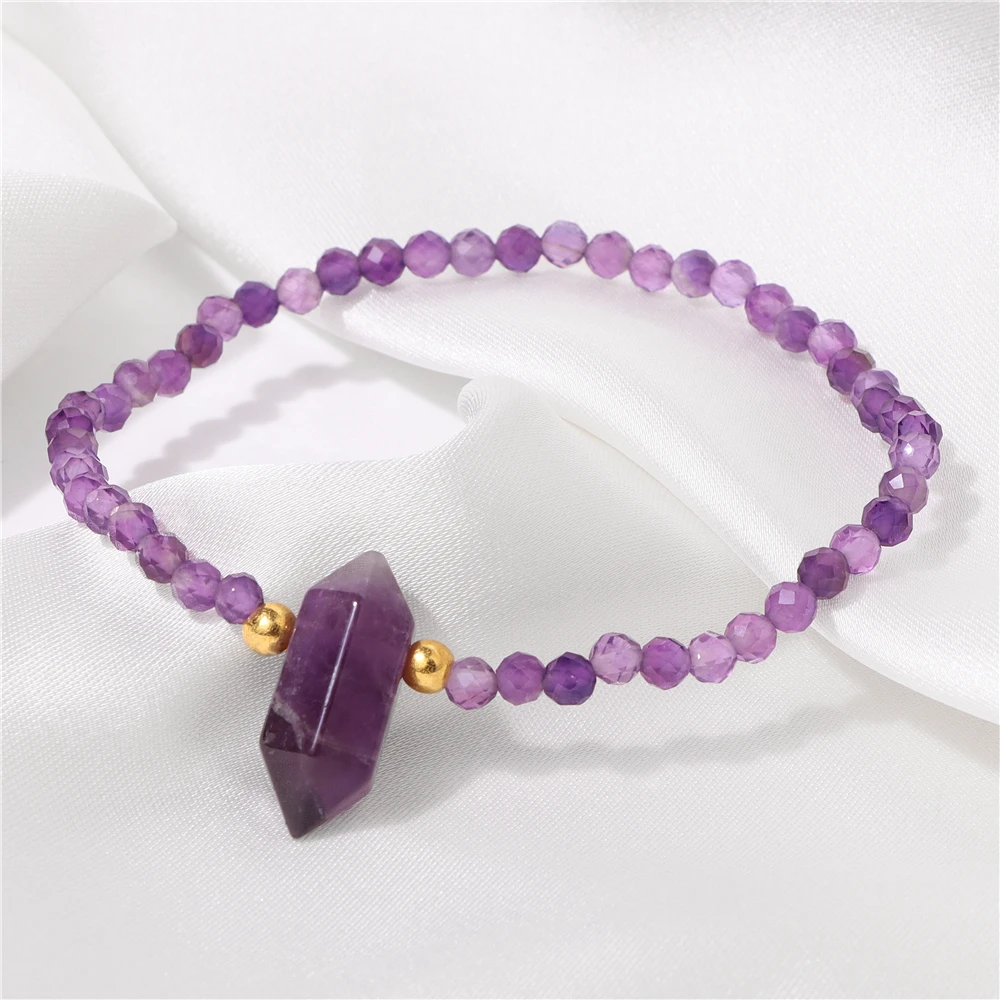 Hexagon Column Stone Pendent Bracelet 4MM Ffaceted Natural Amazonite Amethysts Quartzs Stone Bead Stretch Bangle Jewelry Gift