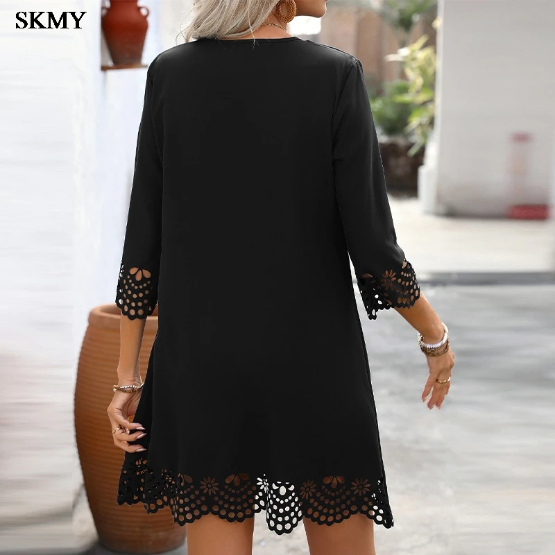 SKMY 2025 ฤดูใบไม้ผลิใหม่สีทึบแขนยาวชุด Cutout หลวม Fit วันหยุดชุดลําลองอเนกประสงค์ผู้หญิงชุด