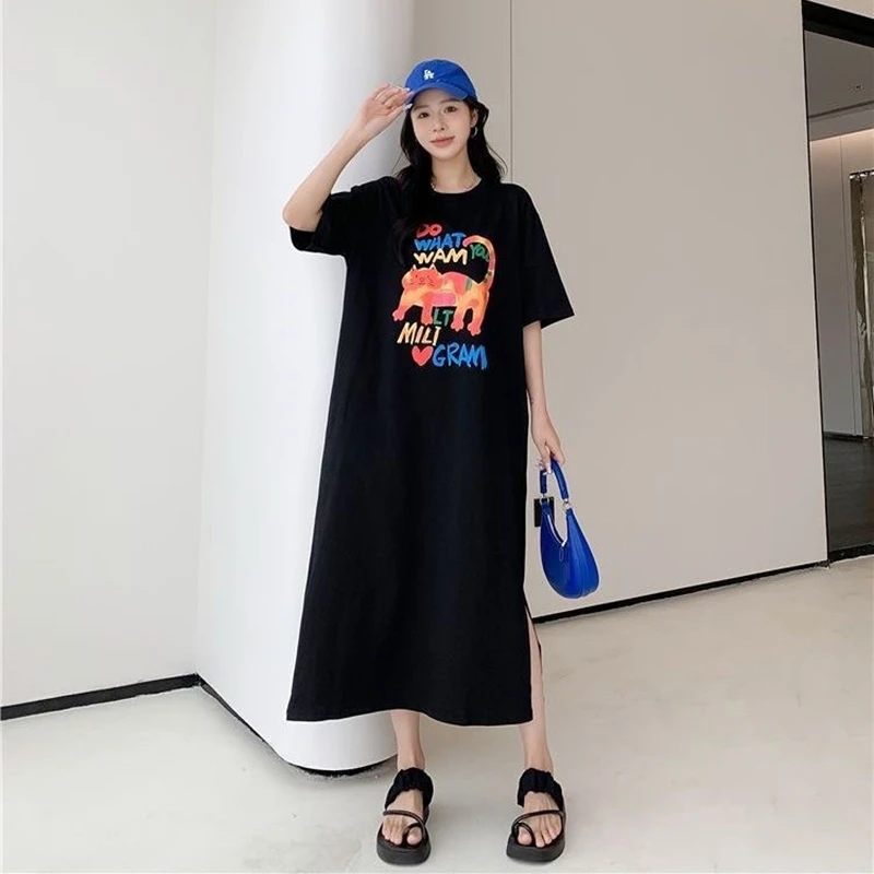 

Women's Cartoon Pattern Printed Long Dress, Loose Split T Shirt Dress, Round Neck, Korean Style, Casual Midi Dresses, Summer, Ne