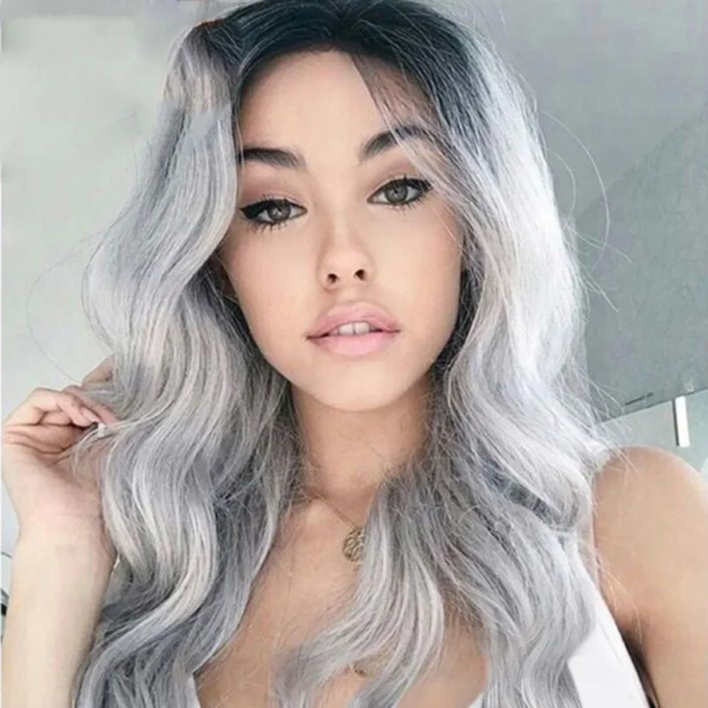 Synthetic Gradient Gray Black Fluffy Long Curly Wave Wig Women Simulation Cosplay Full Head Cover