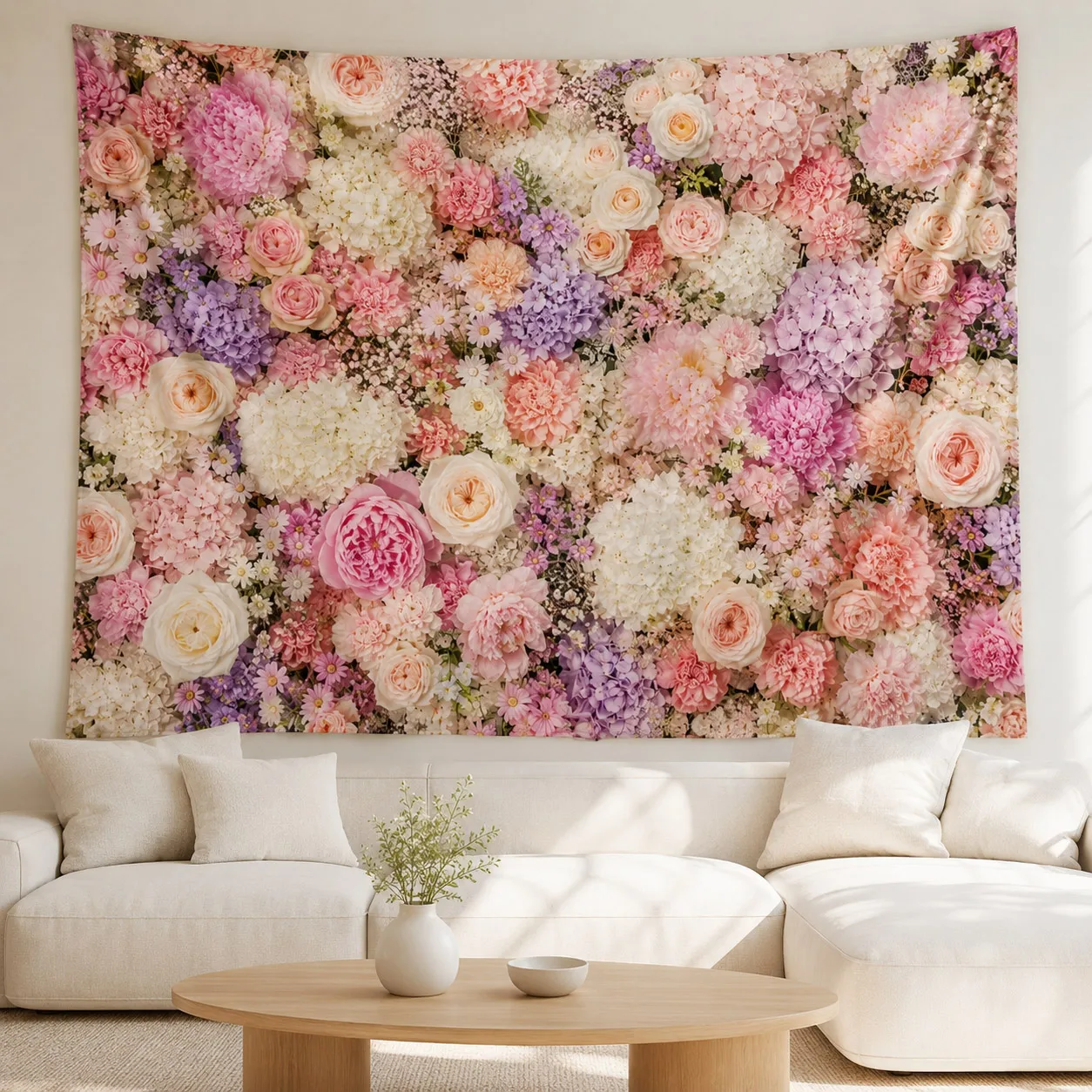 Pastel Floral Tapestry Pink Rose Hydrangea Peony Wall Hanging for Bedroom Living Room Dorm Wedding Backdrop Home Decor