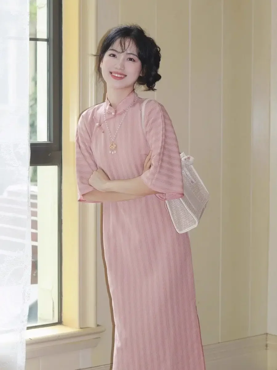 

2025 Spring Elegant New Chinese Style Cheongsam Pure Color High-end Girlish Qipao Retro Fashion Improved Long Dress