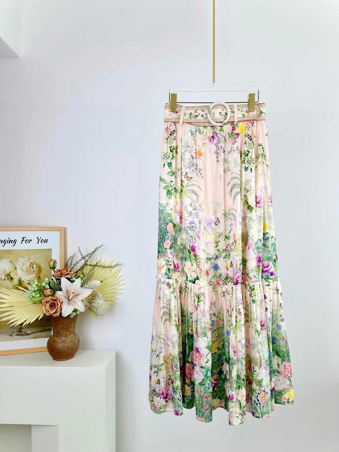 2025 جديد إمرأة 100% مجموعة الحرير زهرة طباعة الثقيلة مطرز عالية الخصر مطوي تنورة طويلة الدانتيل متابعة الخامس الرقبة Batwing كم قميص الدعاوى