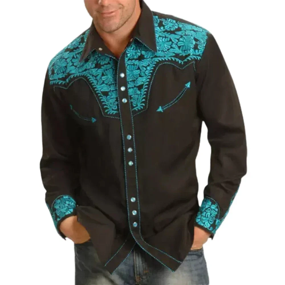 Camisas estampadas informales sociales para hombre, camisa y blusa con cuello vuelto y botones ajustados de manga larga de estilo occidental, ropa