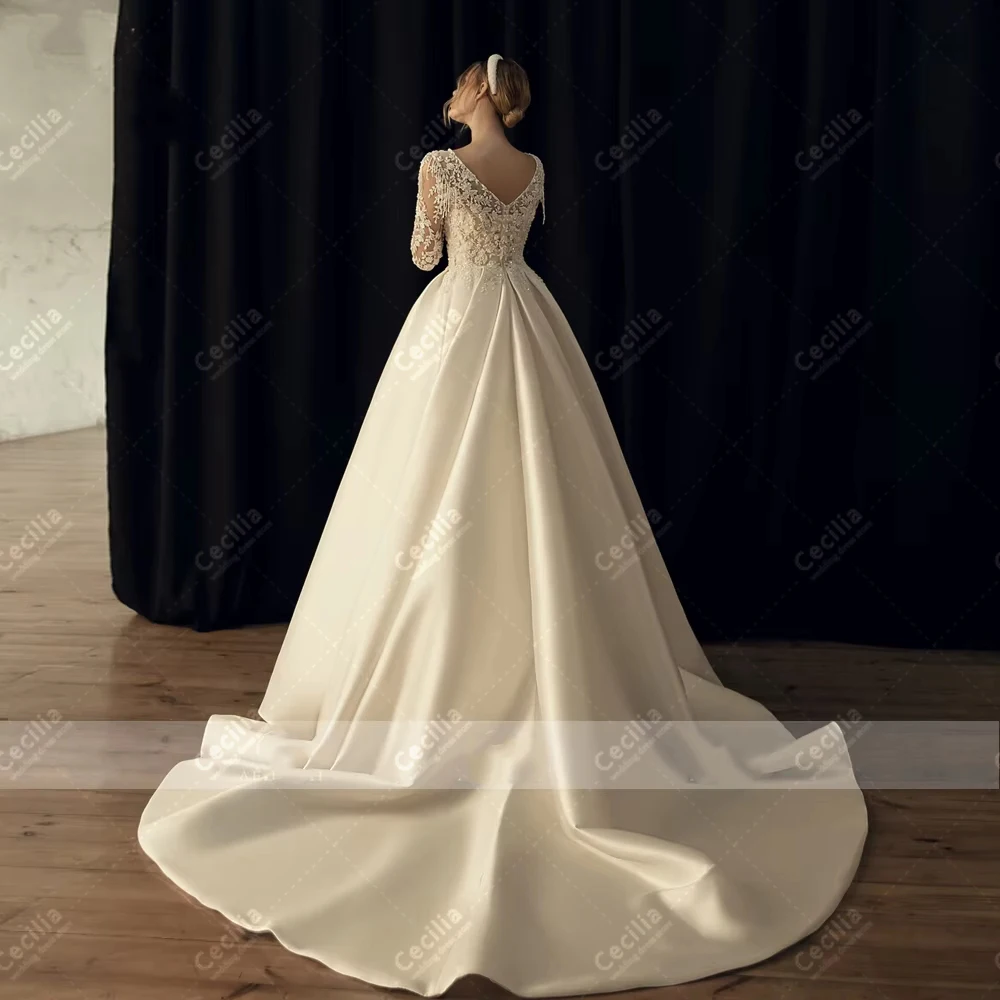 Suknie ślubne vintage, klasyczne suknie ślubne, satynowe szaty, skromne suknie z długim rękawem, sukienki z koronkowymi aplikacjami, suknie ślubne szyte na miarę (Vestidos De Novia)