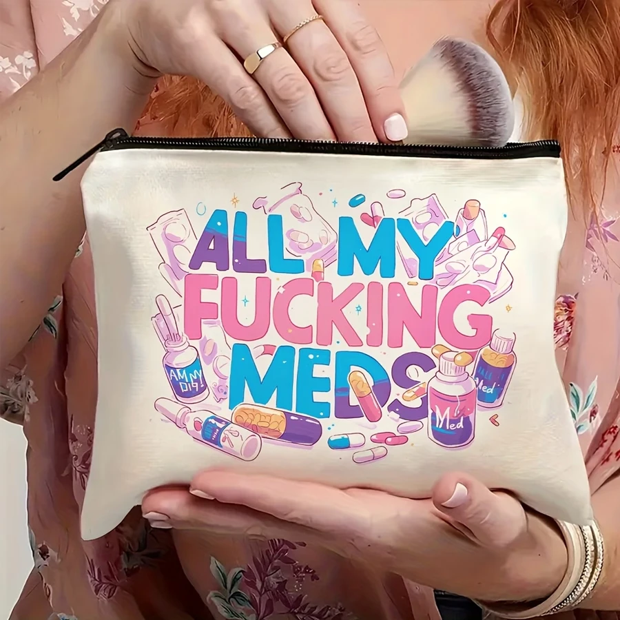 All-In-One Medicine Bag “All My Meds” - Reusable Travel Cosmetics and Pill Organizer, Hypoallergenic, Beige - Perfect Gift for Women, Sisters, Daughters on Birthdays and Christmas