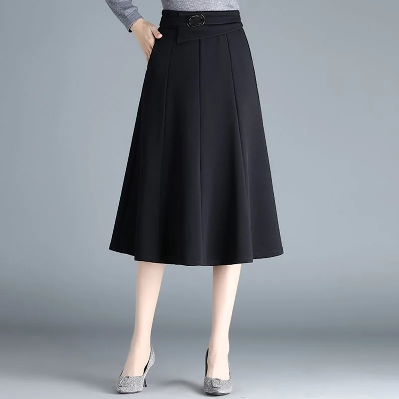 Women's High Waist Belted A-line Midi Skirt Elegant Solid Color Flowy Swing Skirt for Office Casual Daily