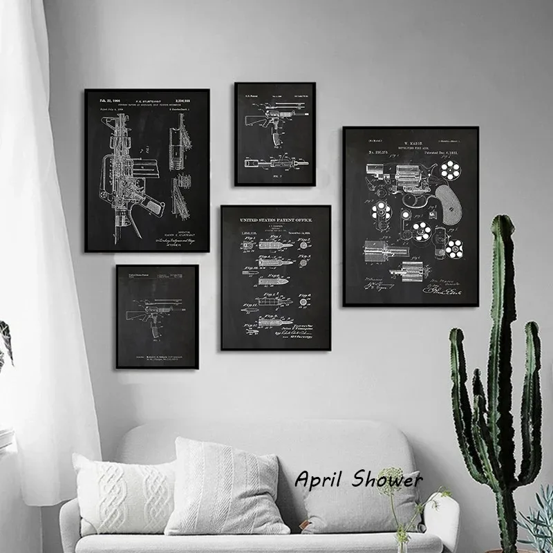 Abstract Gun New Patents 14 Glock 17 1985 Black Posters Canvas Painting and Prints Wall Art Picture for Living Room Home Decor