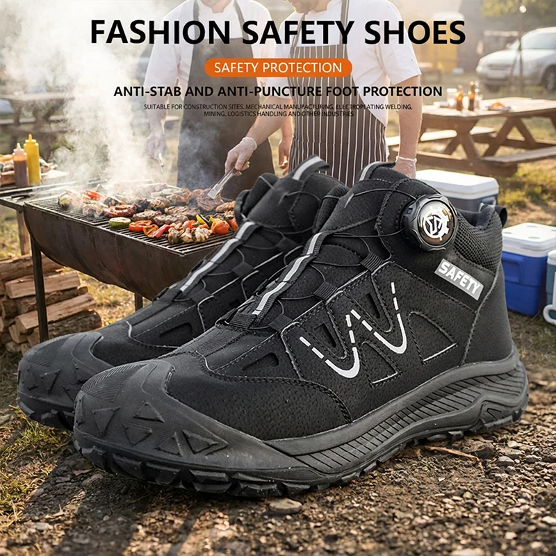 Mid‑Top Rubber Sole Easy‑On Rotary Knob Unisex Safety Shoes Steel Toe Anti‑smash Puncture‑Proof Working Footwear For Wind‑Power