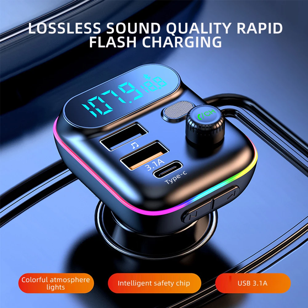 QC3.0 PD 25W Car Charger Fast USB Type C Car Bluetooth 5.0 FM Transmitter Colorful Handsfree Car Kit Mp3 Player Support TF Card