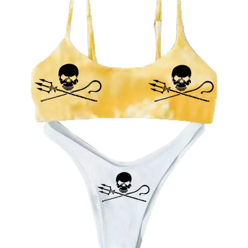 Gothic Skull Trident Print Bikini Set Tie-Dye 2 Piece Swimsuit Women Punk Low Waist Summer Beach Bathing Suit Swimwear
