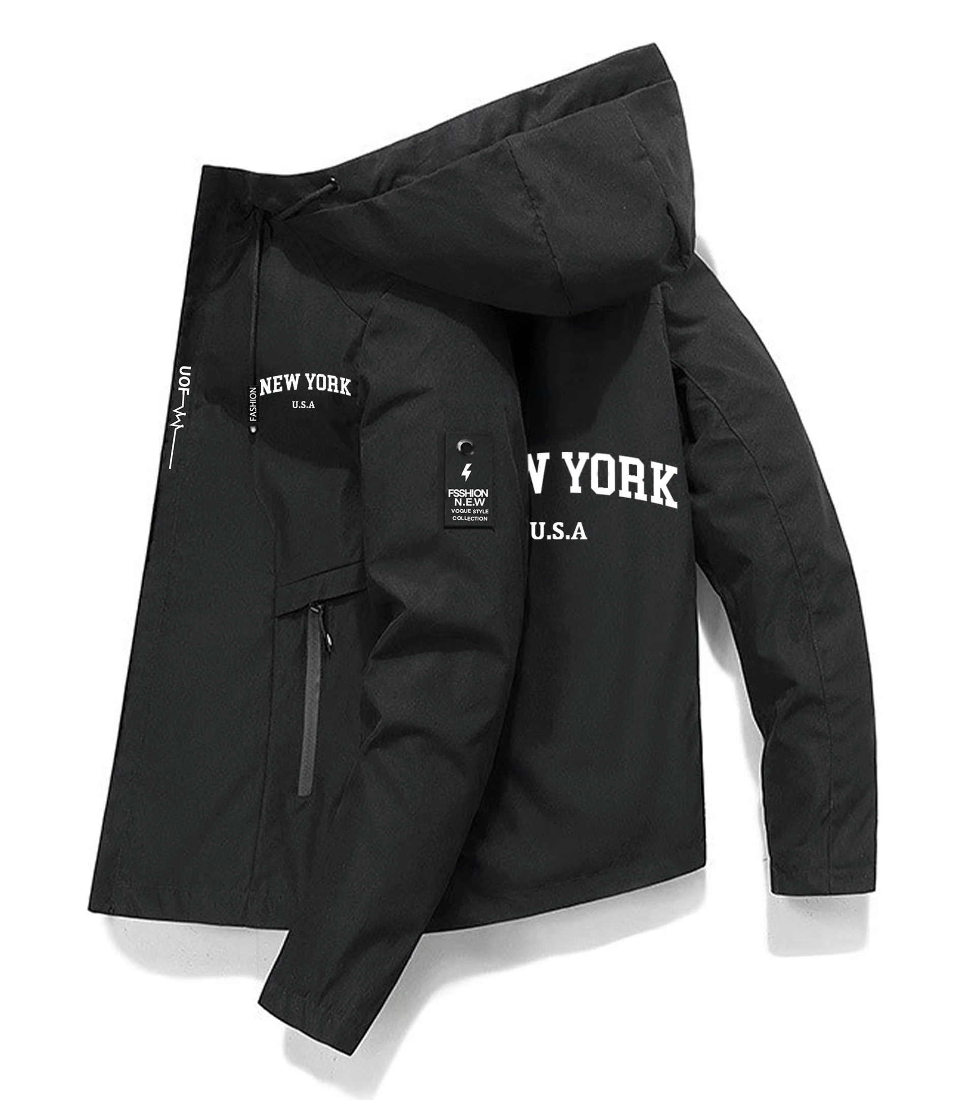 

NEW YORK Letter U.S.A City Print Jacket Men Fashion Casual Long Sleeves Hooded Loose Oversize Windbreaker Street Coat Mal