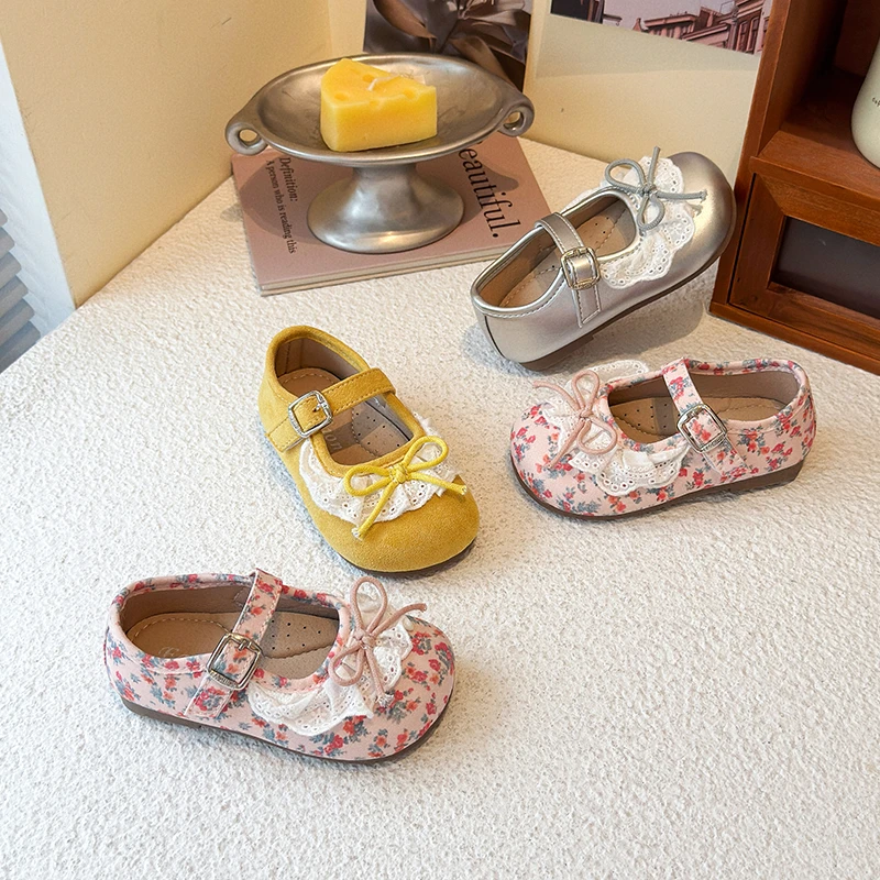

Kids Flats Sweet Lace Elegant Girls MaryJanes Round Toes Simple Bows 2025 Autumn New Children Princess Shoes Versatile Fashion