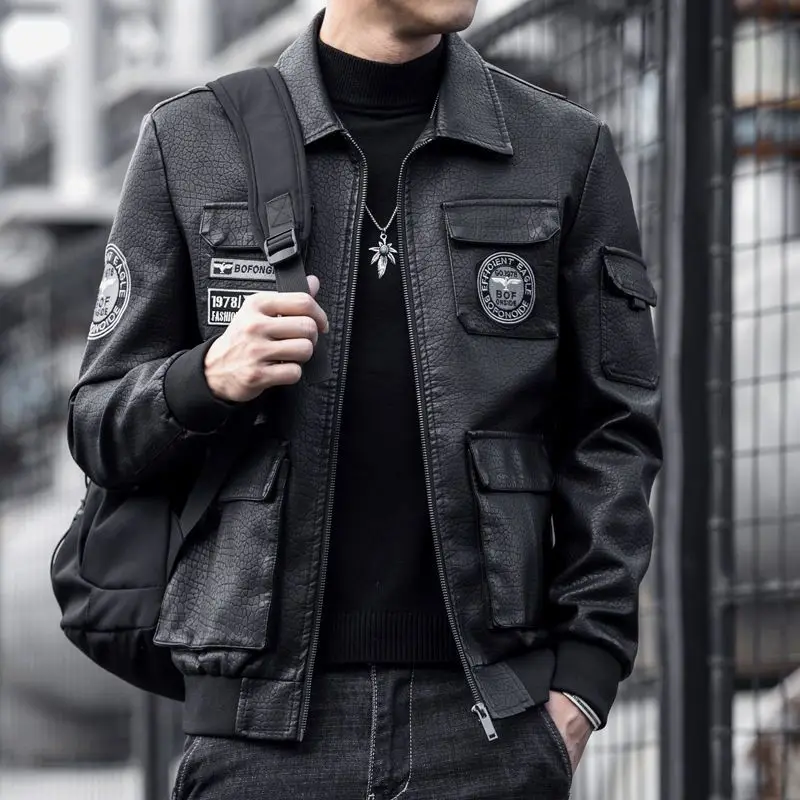 Men Leather Jacket New Biker Bomber Jacket Military Multi-Pocket Streetwear Embroidery Zipper Coats Windproof Windbreaker