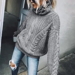 Turtleneck Sweater Kintted Women Crochet Gray Pullovers Blue Streetwear Spring Autumn Winter Jumper Y2k Top Jumper Streetwear