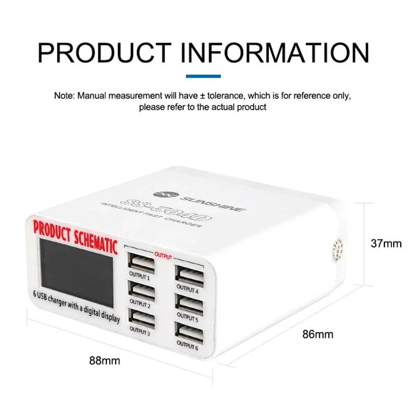 Luz do sol ss-304d carregador inteligente com 6 portas usb, display digital, carregamento rápido, multi-proteção, ferramentas de reparo do telefone móvel