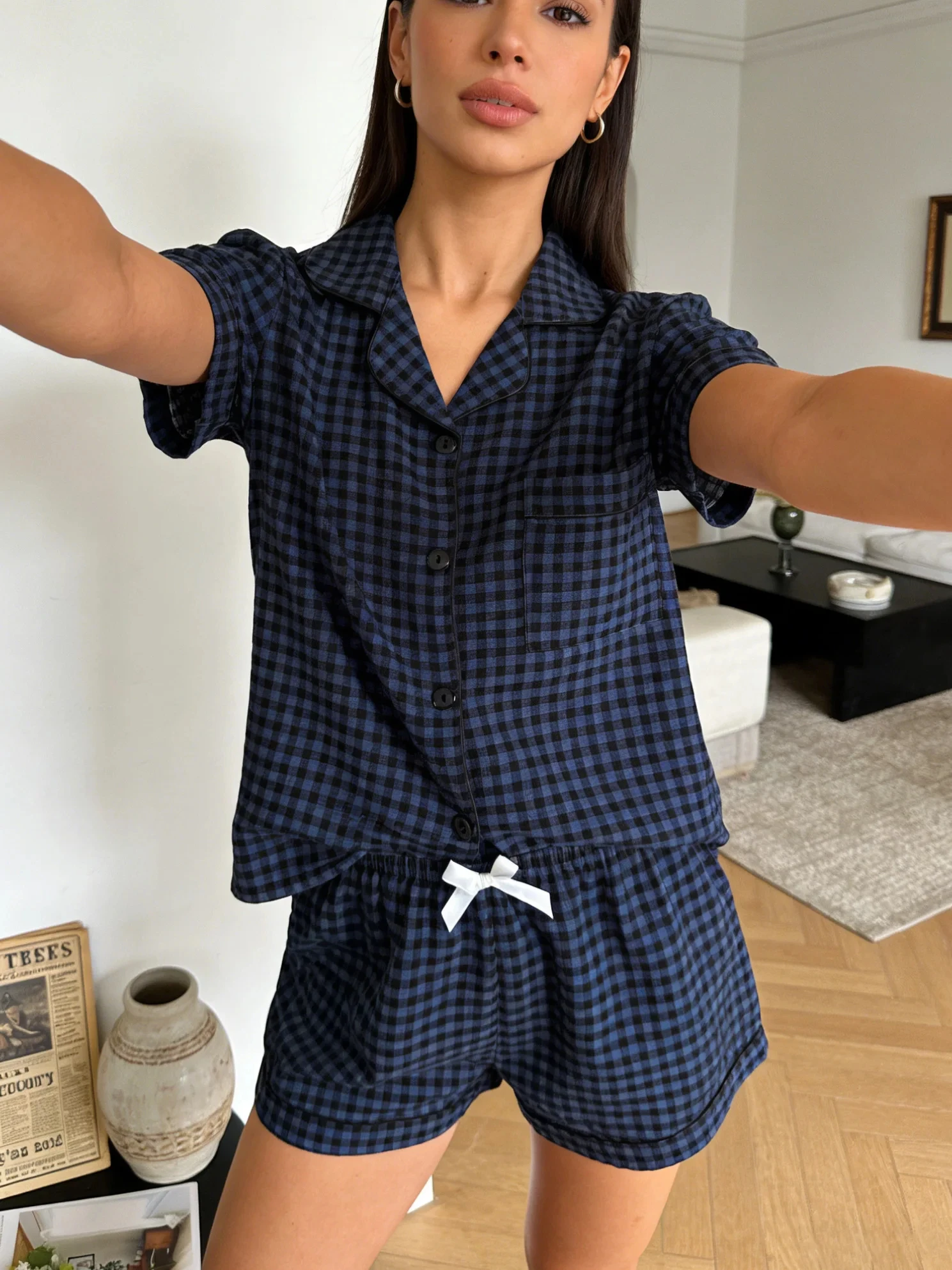 

Women Pajamas Cardigan Lapel Short Sleeve Shorts Two Piece Set Loungewear Spring Summer Simple Navy Plaid Loose Comfortable Casu