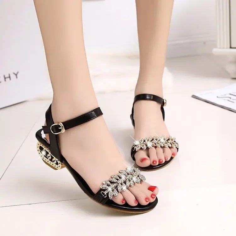 Spring and Summer Women Sandals 2025 Open Toe Sandals Female Sexy Low with Non-slip Rhinestones High Heels Sandals34-41