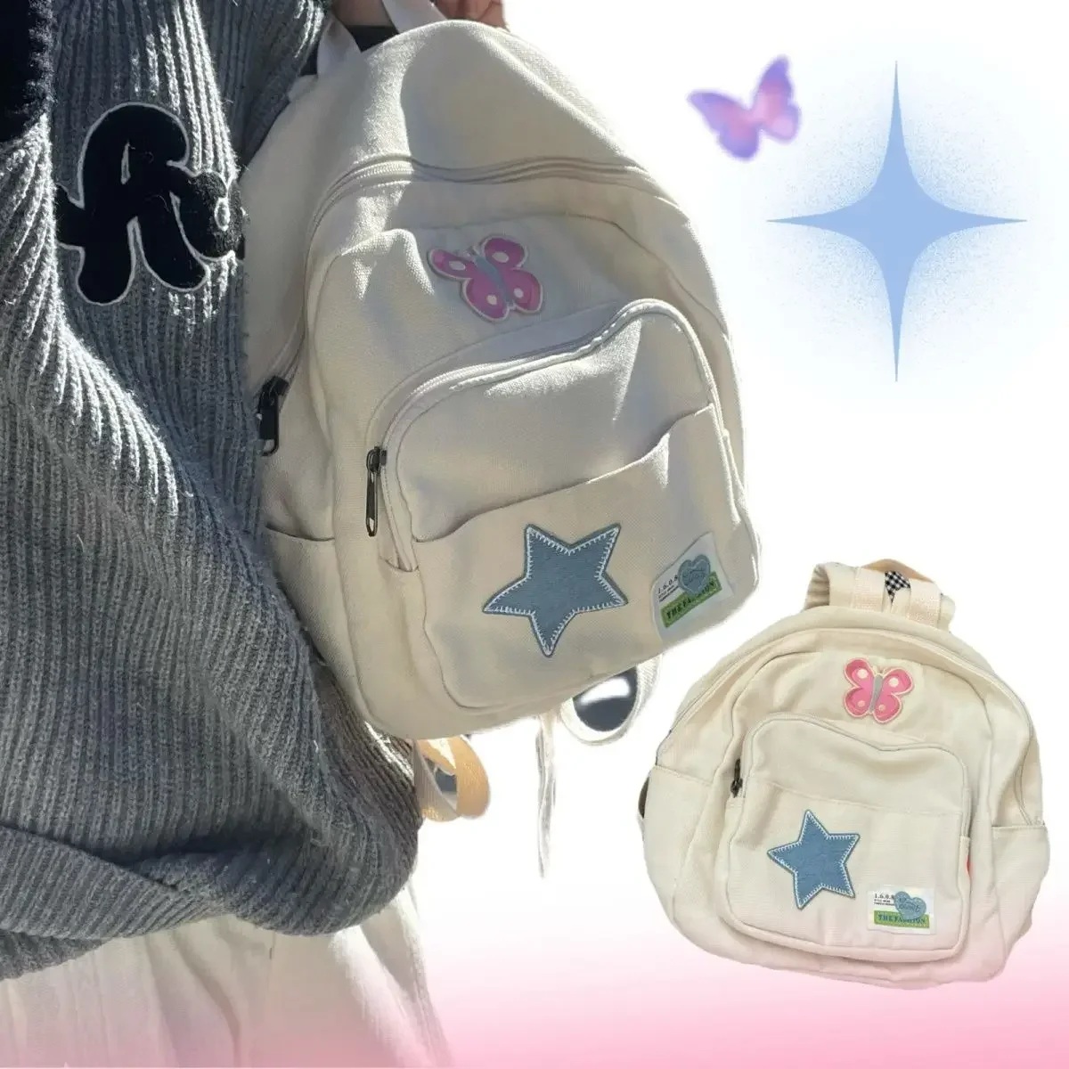 

Japanese Simple Casual Women Canvas Bags Y2k Star Butterfly Aesthetic Trendy Backpack Preppy Sweet Girl Schoolbags Mini Backpack