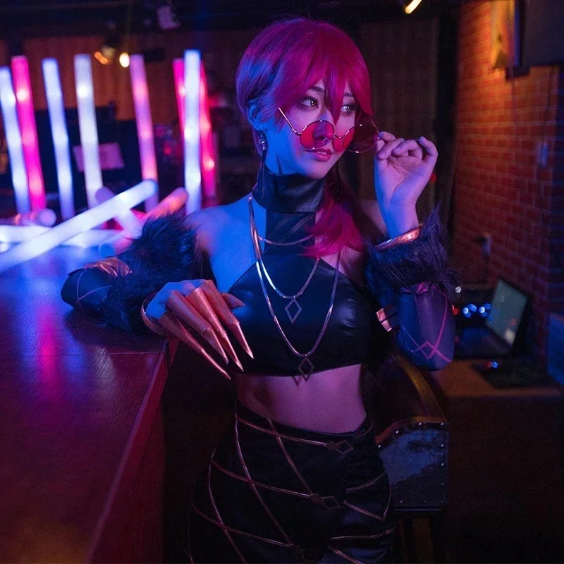 CosplayGame KDA ALL OUT Evelynn Cosplay Costume Vest Skirts KDA Women Sexy Outfits Roleplay Long Wig Halloween Customized Boots