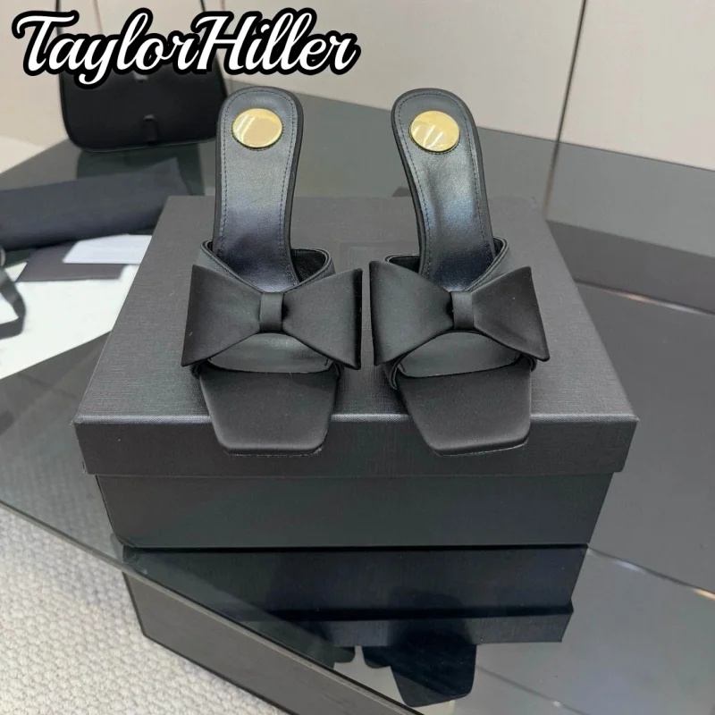الساتان الأسود فراشة عقدة البغل الصنادل الفاخرة النساء الانزلاق على عالية الكعب مثير النعال الخارجية الصيف 7 9 سنتيمتر الصلبة مربع حذاء مزود بفتحة للأصابع