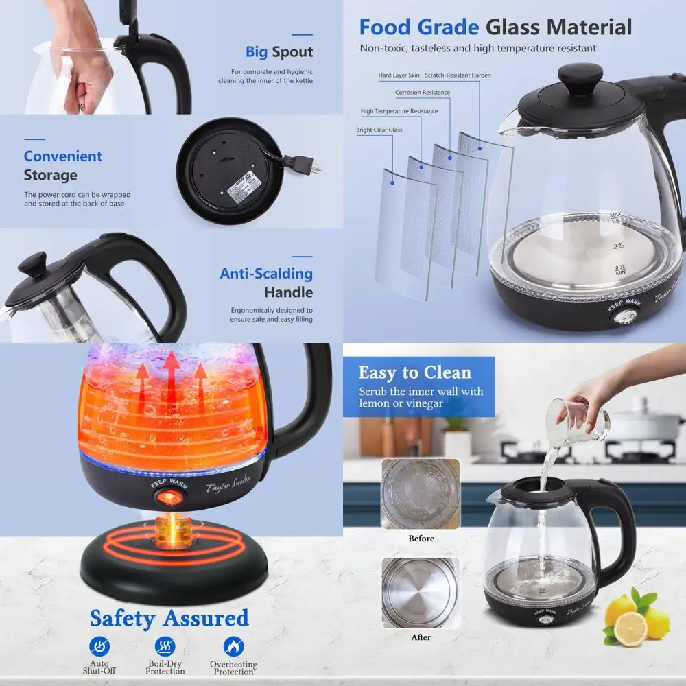 

Электрический чайник черного цвета, 1 л, с заварочной колбой, функцией поддержания температуры, LED-подсветкой, защитой от выкипания, без BPA