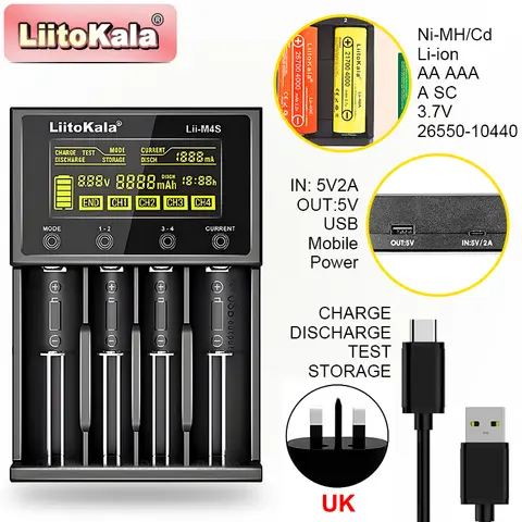 LiitoKala Lii-M4 M4S 18650 LCD Display Smart Charger Test Capacity Suitable For 3.7V 26650 18350 21700 18500 1.2V AA AAA 4 Slots