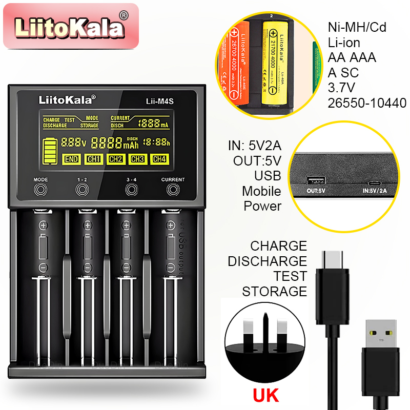  LiitoKala Lii-M4 M4S 18650 LCD Display Smart Charger Test Capacity Suitable For 3.7V 26650 18350 21700 18500 1.2V AA AAA 4 Slots 