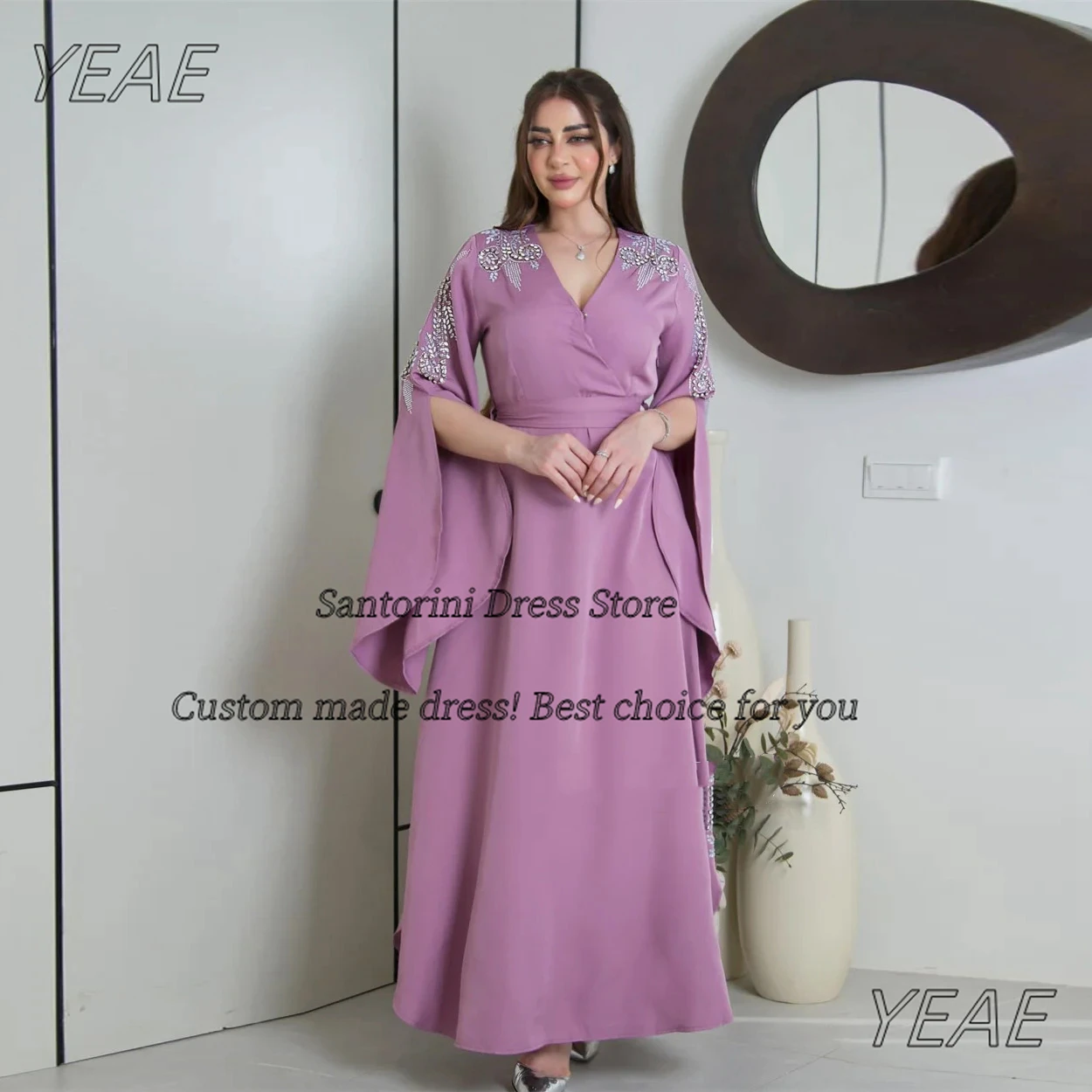 

Santorini Saudi Arabia Evening Dresses Customized Crystals Long Sleeves V Neck Prom Gowns Zipper Back Wedding Party Dress