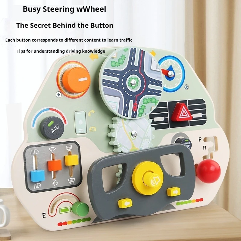 Montessori Busy Board Steering Wheel Simulation Car Driving Traffic Scene Unlock Pairing Wooden Puzzle Toy 0-2 Year Baby Gift