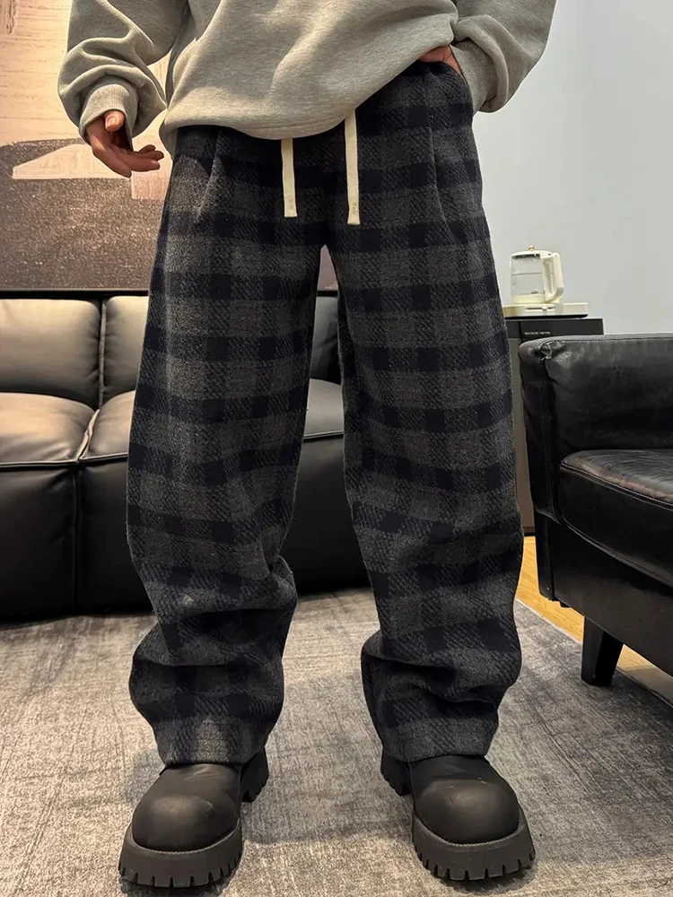 

Мужские повседневные брюки в клетку из утолщенной шерсти с флисовой подкладкой в американском ретро-стиле, прямые, широкие штанины, осень-зима