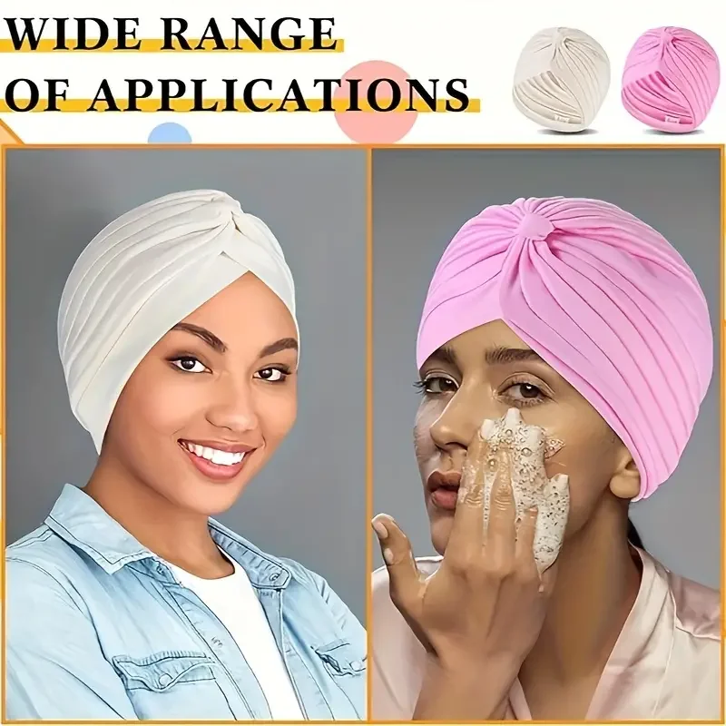 3pcs Solid Color Elastic Turban Cap, Casual Pleated Head Wrap Beanie Head Scarf Chemo Hats for Women