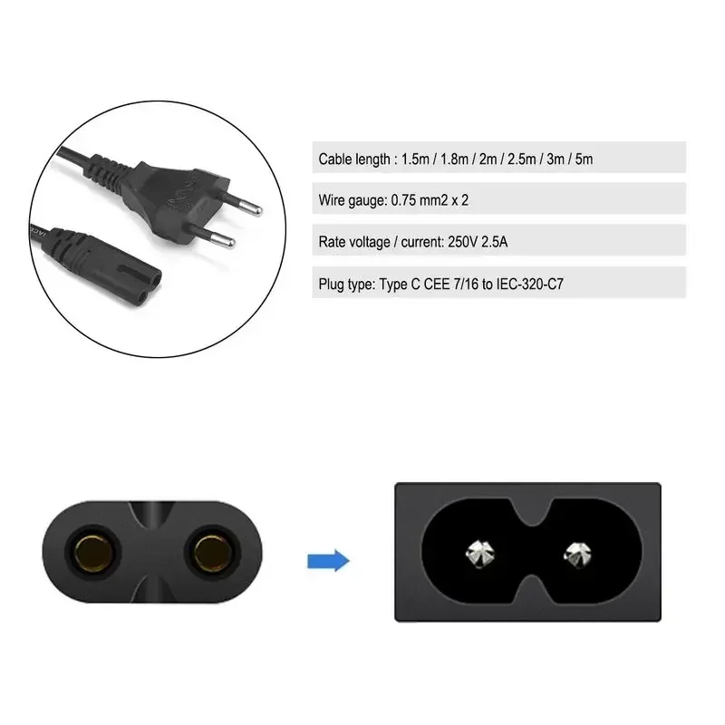 Cable de extensión UE de 2 pines IEC320 C7, Cable de alimentación figura 8, Cable de alimentación para ordenador portátil para Sony, Samsung, LG, Philips, TV, Monitor de PC