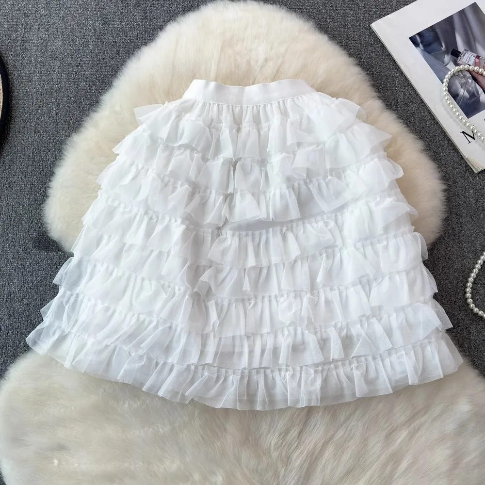 Saia bolo preta para mulheres pequenas, 2024 primavera e verão nova saia midi evasê, saia bufante de tule