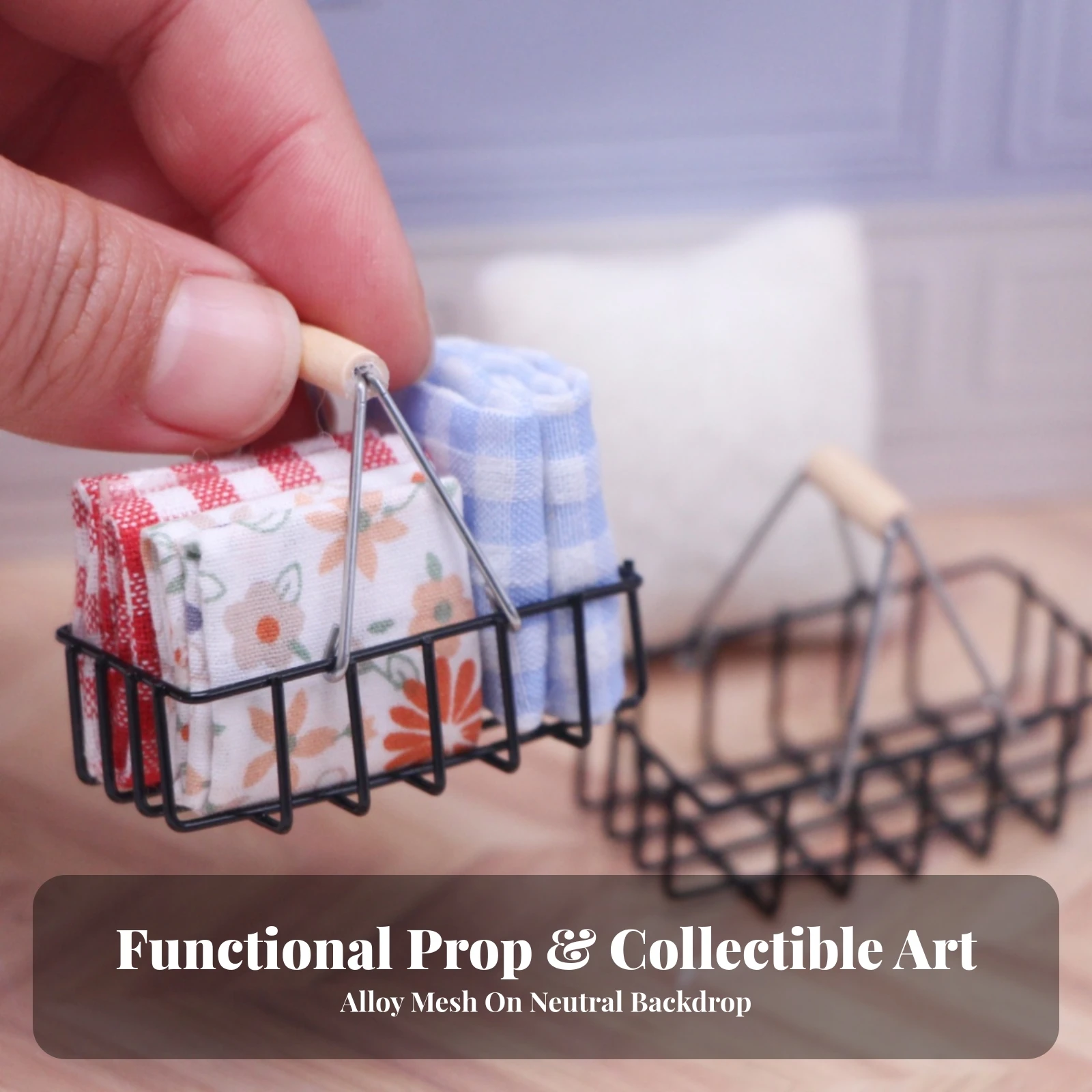 Miniature Black Alloy Hand Basket Compact Miniature Market Basket with Wood Grip Handle Realistic for BJD Collectors