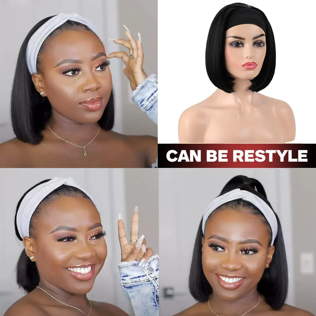 Wig wanita rambut palsu sintetis 10 inci rambut palsu sintetik ikat kepala Bob pendek suhu tinggi hitam rambut Cosplay Drag Queen pesta