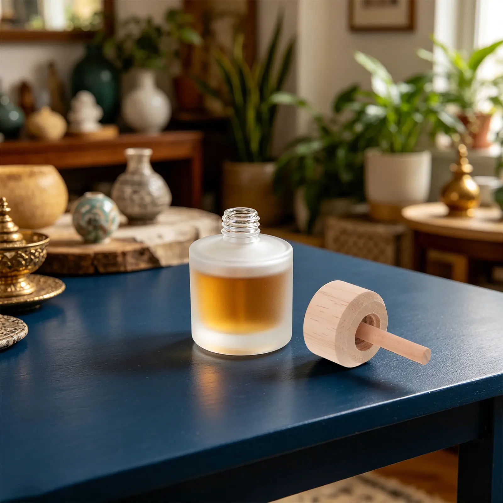 透明ガラス製のリードディフューザーボトル-50ml。木製の蓋が付いた詰め替え可能なアロマ容器で、お部屋の香りを楽しめます。