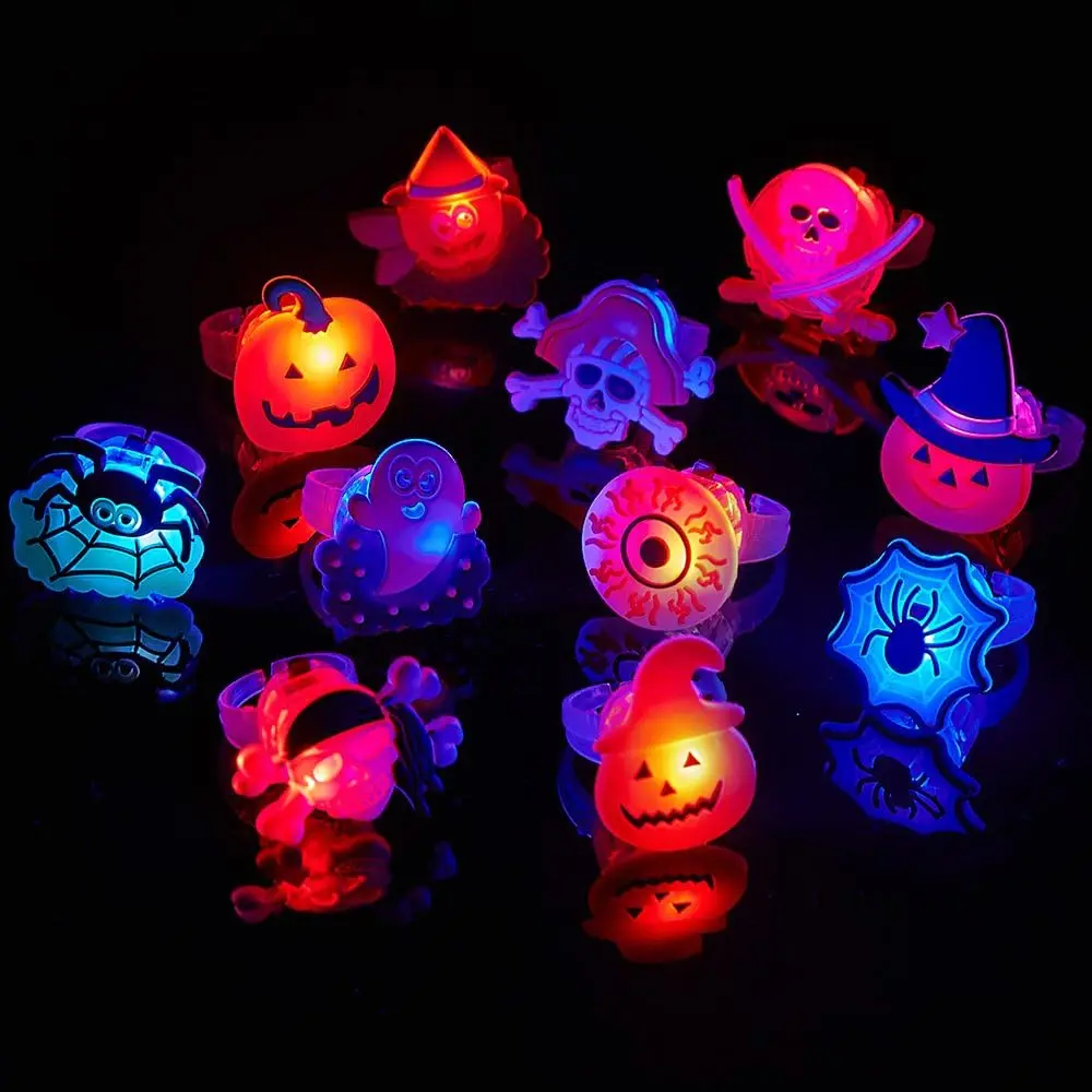 10/100Pcs Halloween LED Rings Kids Adults Fun Luminous Toys Light Up Party Supplies Trick or Treat Pumpkin Ghost Skull Flashing