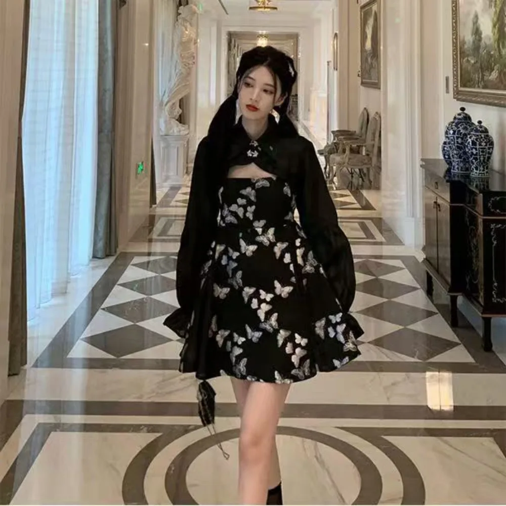 Autumn New Cutecore Clothes Lolita Set Black Butterfly-printing Vintage Female French Style Chic Dress Sets for Women 2 Pieces