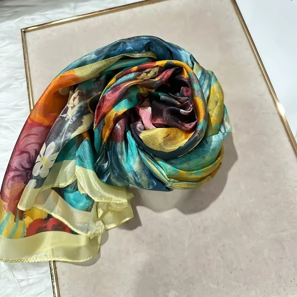 บายซิฟา | Beige Blue ผ้าพันคอผ้าไหมผ้าคลุมไหล่ผู้หญิงดอกไม้พิมพ์ผ้าพันคอ Cape ฤดูใบไม้ร่วงฤดูหนาว 100% หม่อนผ้าไหมผ้าพันคอยาวฤดูร้อนผ้าคลุมไหล่ชายหาด