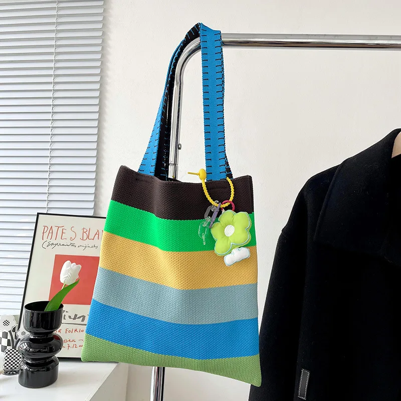 Regenboog Contrast Kleur Gestreepte Y 2K Koreaanse Stijl Schoudertas Gebreide Eco-Vriendelijke Shopper Draagtas Handgeweven Schattige Groothandel 2023 Trend