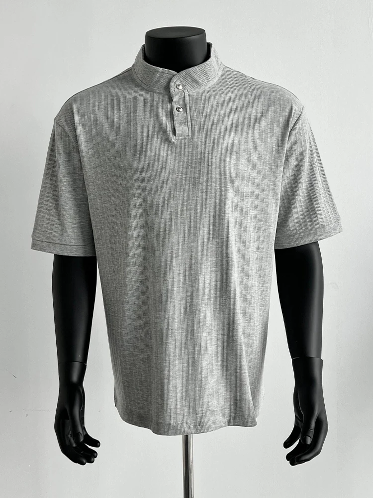 Light ey Knitted ort Sve Henry Collar Men's T-irt American Retro  irt Old Money Sle Summer Casual Wear