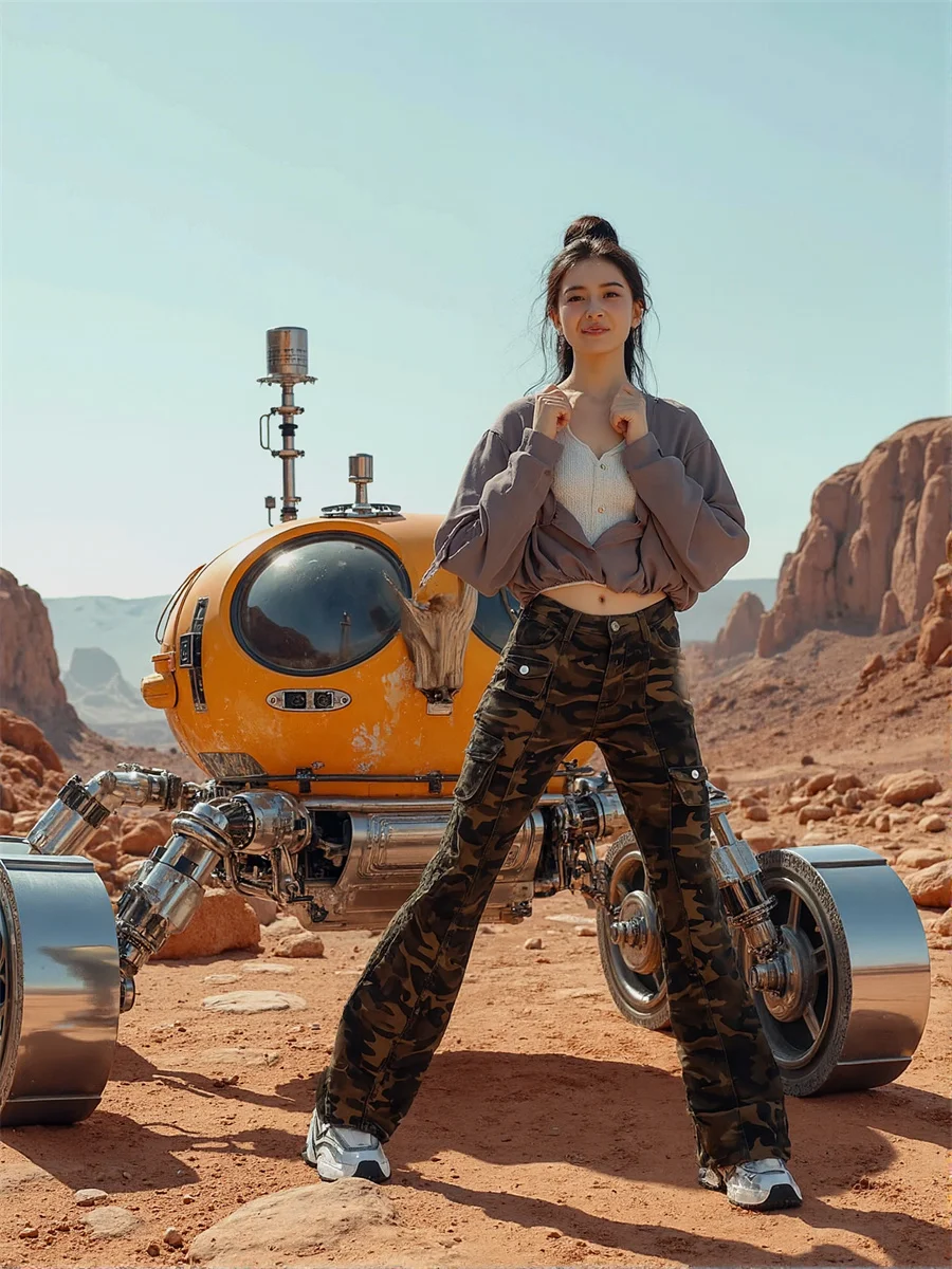 جينز نسائي ضيق مموه على الأرض بخصر عالٍ مطوي فضفاض واسع الساق عتيق مرقع مطرز جيوب أنيق