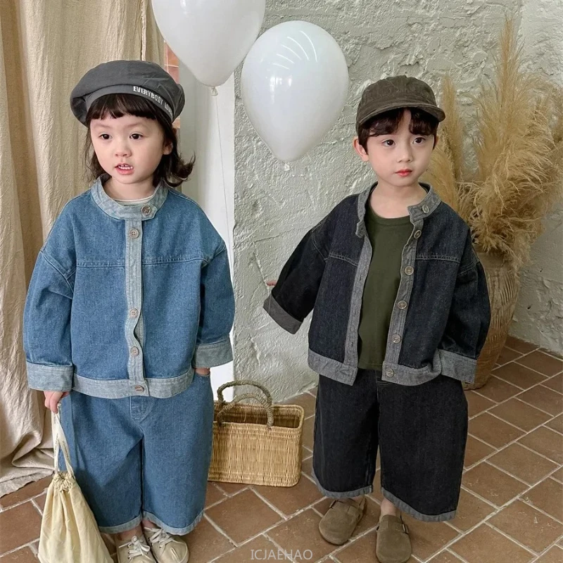 Korean Style Baby Girl Boy Long Sleeve Coat Jeans Suit Children Jacket Pants Two Piece Outfits Denim Clothes Sets Fashion Kids