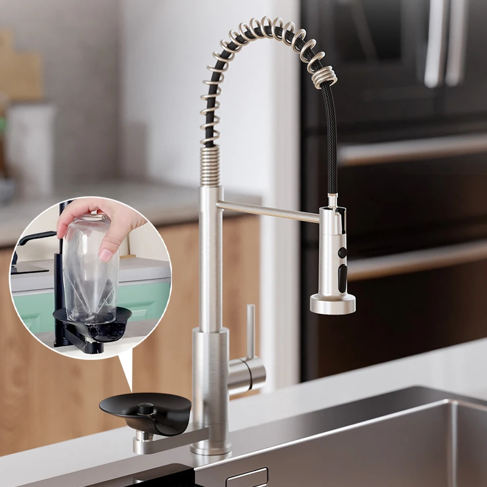

New Kitchen Faucet with Cup Washer Deck Mounted Modern Spring Kitchen Sink Faucet Hot and Cold Pull Out Kitchen Mixer Water Taps