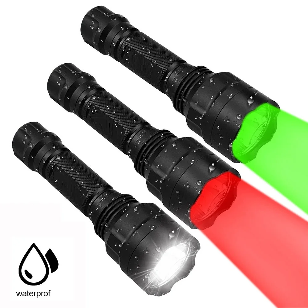 Strong Hunting Flashlight Tactical Torches Light Green Red White Light LED Rechargable Flashlights+18650+Charger