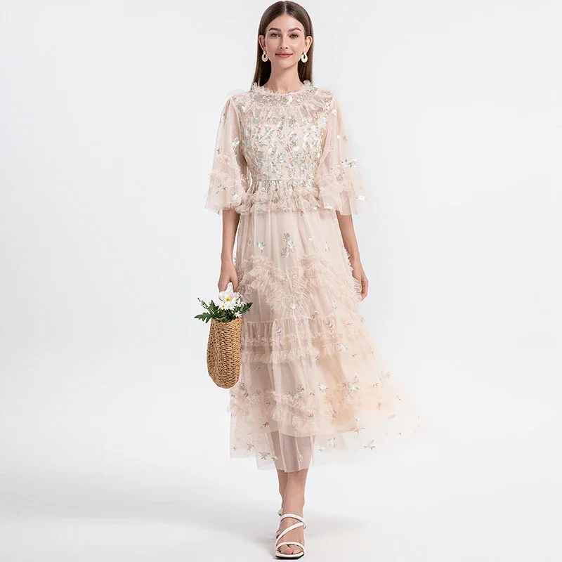 

2025 Runway Luxury Long Dresses Women Summer Holiday Embroidery Flower Ruffles Midi Party Evening Dress Lady Prom Vestidos